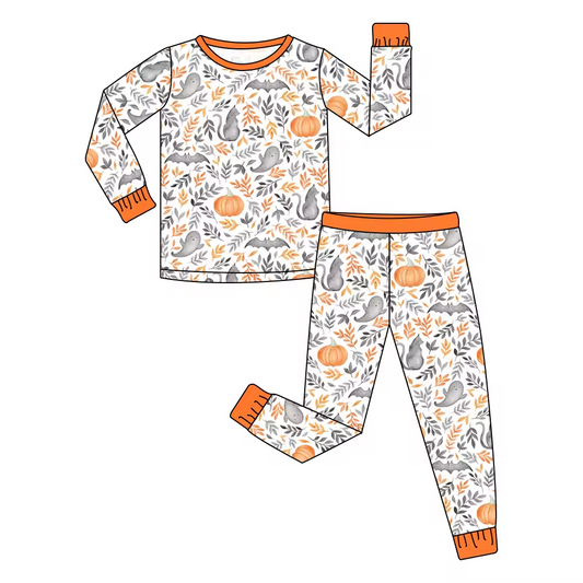 (Custom Design Preorder MOQ 5)  Ghost Pumpkin Print Girls Halloween Pajamas Clothes Set