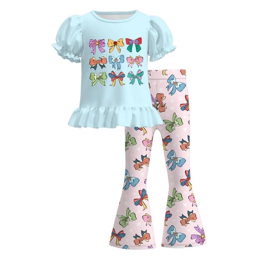 (Custom Design Preorder MOQ 5) Cartoon Princess Bows Print Girls Clothes Set