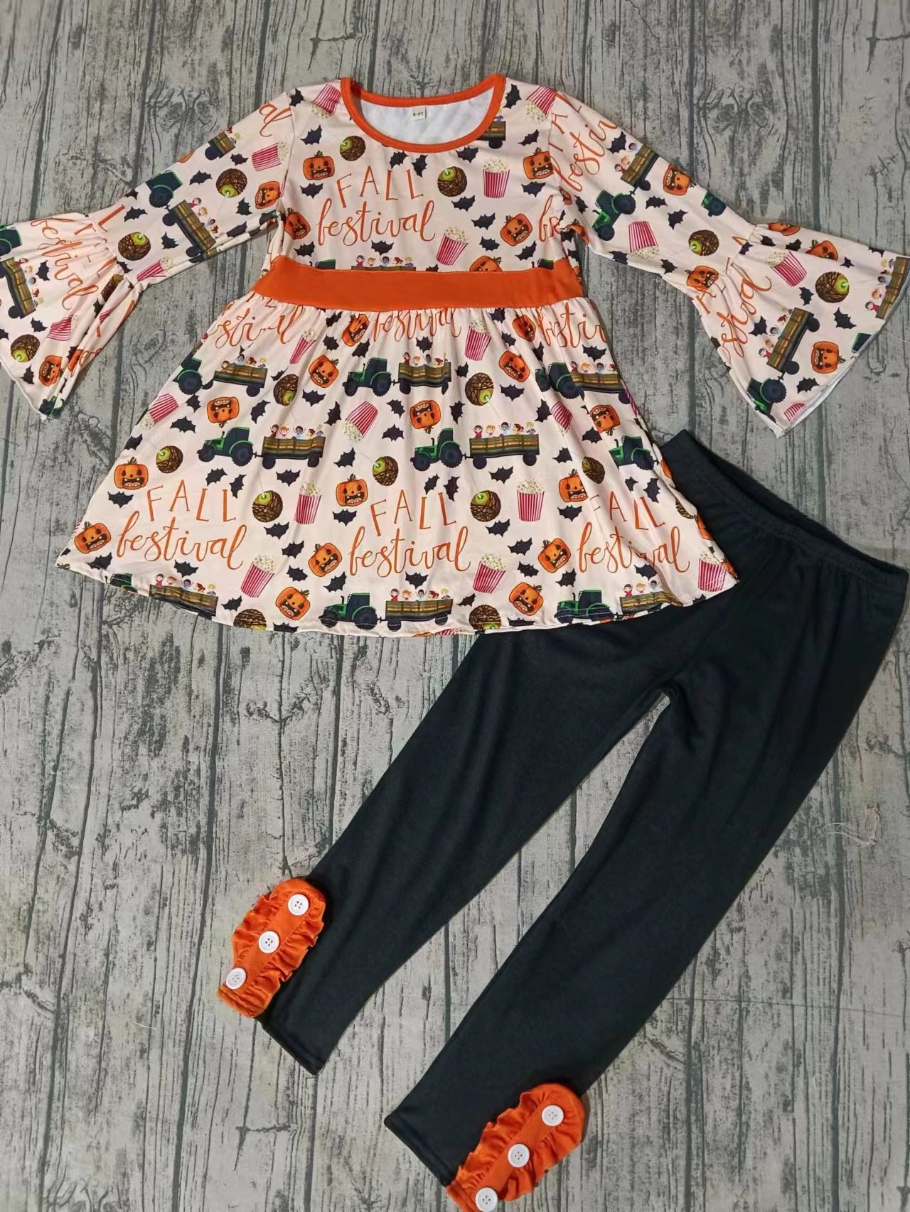 (Custom Design Preorder MOQ 5) Tractors Pumpkin Tunic Top Black Pants Girls Halloween Clothes Set