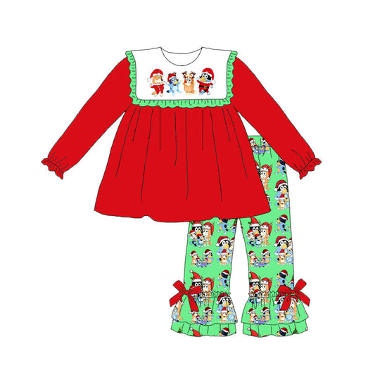 (Custom Design Preorder MOQ 5) Cartoon Dog Red Tunic Top Green Pants Girls Christmas Clothes Set