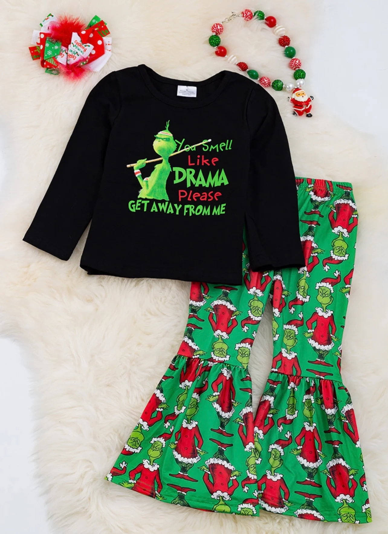 (Custom Design MOQ 5)  Christmas Frog Black Top Green Bell Pants Girls Clothes Set