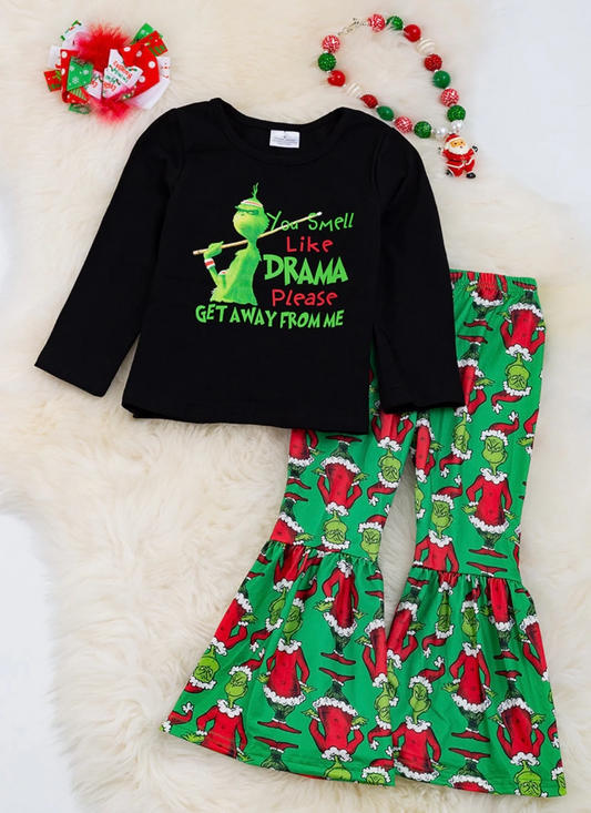 (Custom Design MOQ 5)  Christmas Frog Black Top Green Bell Pants Girls Clothes Set