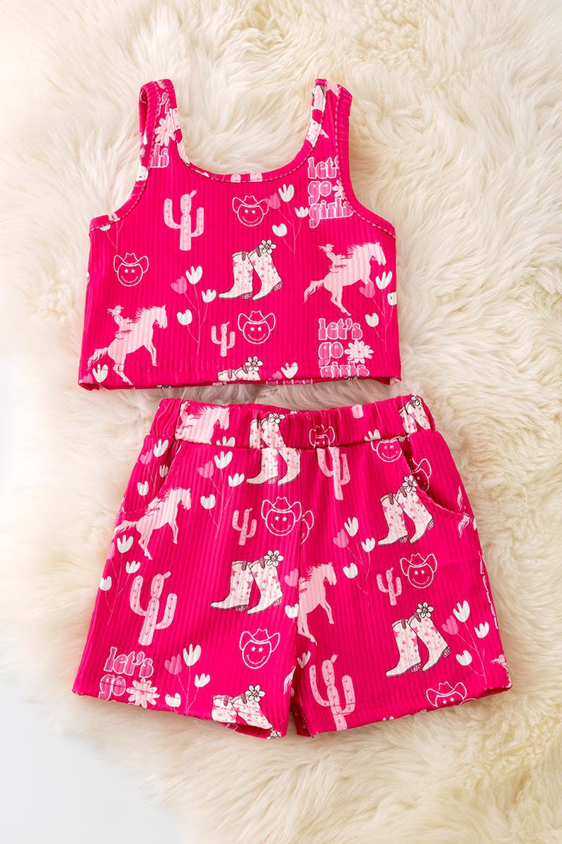 (Custom Design Preorder MOQ 5) Cowgirl Tank Top Pockets Shorts Girls Summer Clothes Set
