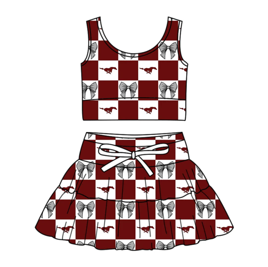 (Custom Design Preorder MOQ 5 Each Color) Team's Perryville Mustangs Bows Plaid Print Girls Summer Clothes Sisters Matching Wear