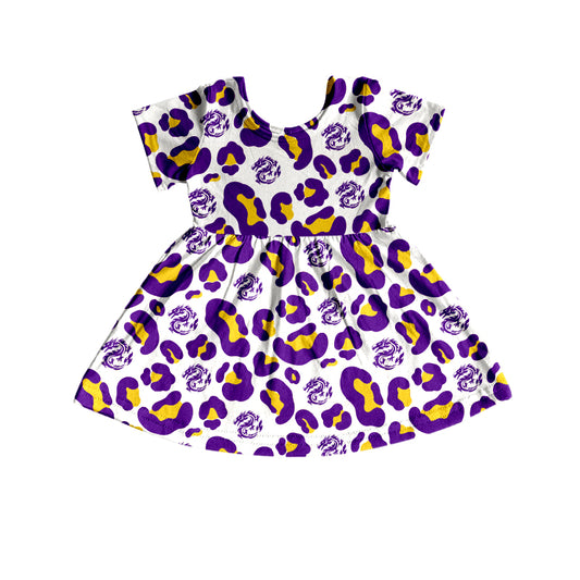 (Custom Design Preorder MOQ 5) Team's Junction Purple Leopard Print Girls Short Sleeve Knee Length Dress