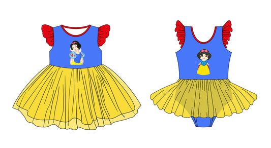 3.11(Custom Design Preorder MOQ 5 Each Design) Cartoon Princess Blue Print Girls Summer Tulle Matching Clothes Sisters Wear