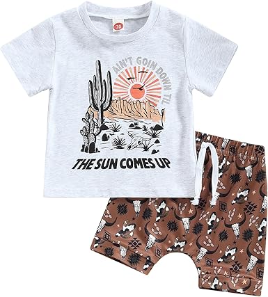 (Custom Design Preorder MOQ 5) THE SUN COMES UP Top Brown Shorts Boys Summer Western Clothes Set