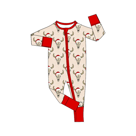 (Custom Design Preorder MOQ 5)  Cow Skull Print Baby Boys Bamboo Christmas Sleeper Zipper Romper