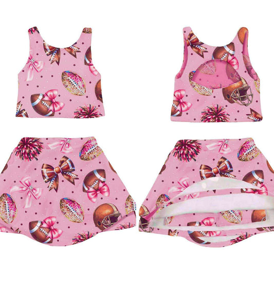 (Custom Design Preorder MOQ 5) Football Bows Pink Print Shorts Skirts Girls Summer Yoga Clothes Set