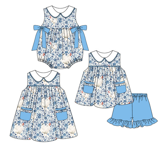 2.24(Custom Design Preorder MOQ 5 Each Design) Blue Flowers Chicken Print Girls Summer Matching Clothes Sisters Wear