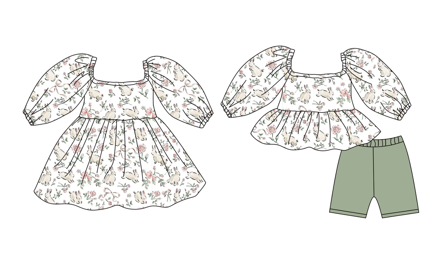 12.8 (Custom Design Preorder MOQ 5 Each Design) Bunny Flowers Print Girls Easter Matching Clothes Sisters Wear