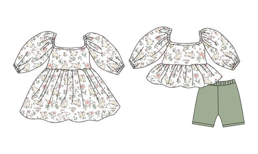 12.8 (Custom Design Preorder MOQ 5 Each Design) Bunny Flowers Print Girls Easter Matching Clothes Sisters Wear
