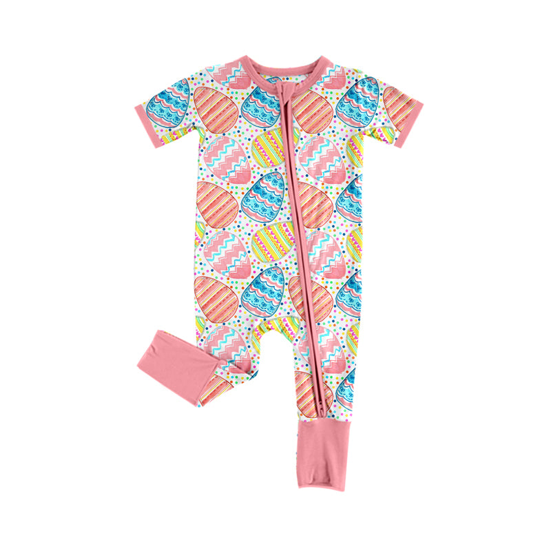 (Custom Design Preorder MOQ 5)  Colorful Eggs Print Baby Girls Easter Bamboo Sleeper Zipper Romper