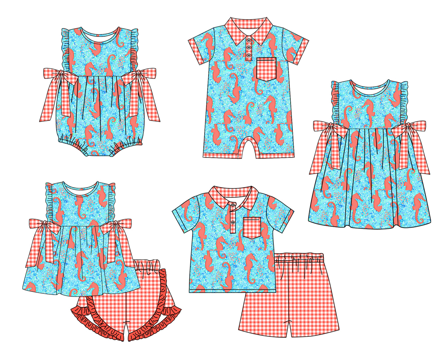 3.10(Custom Design Preorder MOQ 5 Each Design) Sea Horse Blue Print Kids Summer Matching Clothes Sibling Wear