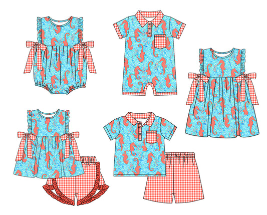3.10(Custom Design Preorder MOQ 5 Each Design) Sea Horse Blue Print Kids Summer Matching Clothes Sibling Wear