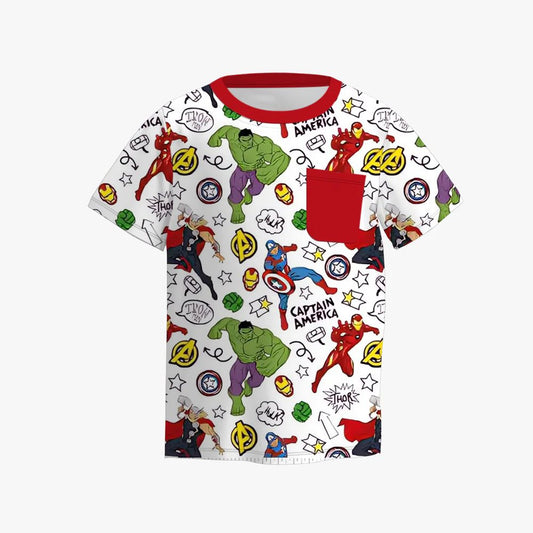 (Custom Design Preorder MOQ 5) Cartoon Hero Print Kids Summer Tee Shirts Top