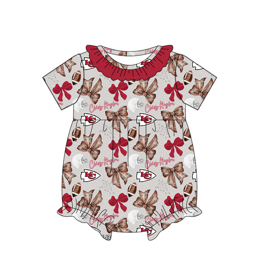 (Custom Design Preorder MOQ 5) Team's Chiefs Bows Print Baby Girls Summer Romper