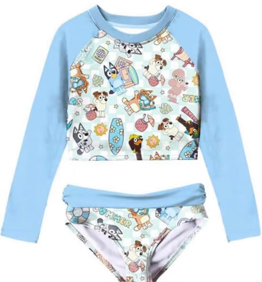 (Custom Design Preorder MOQ 5)  Cartoon Dog Print Girls 2 Pieces Long Sleeve Swimsuits