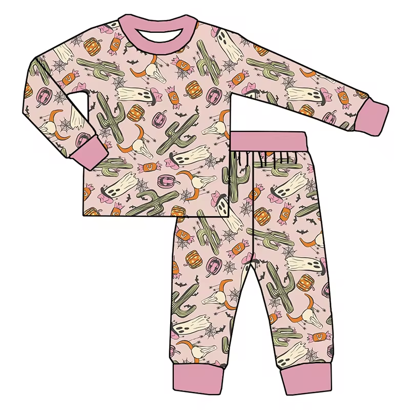 (Custom Design Preorder MOQ 5) Ghost Cactus Print Girls Halloween Pajamas Western Clothes Set