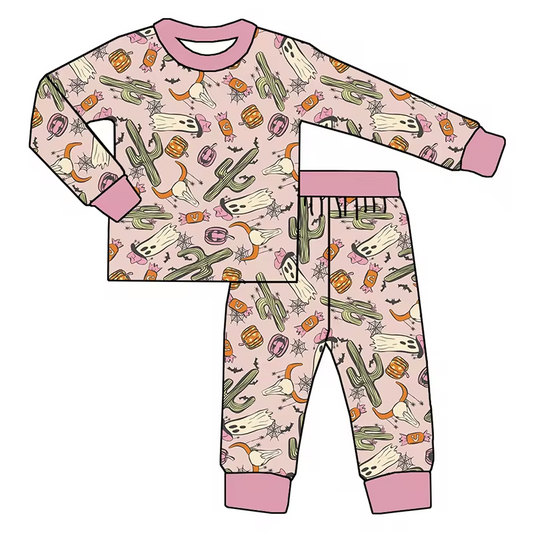 (Custom Design Preorder MOQ 5) Ghost Cactus Print Girls Halloween Pajamas Western Clothes Set