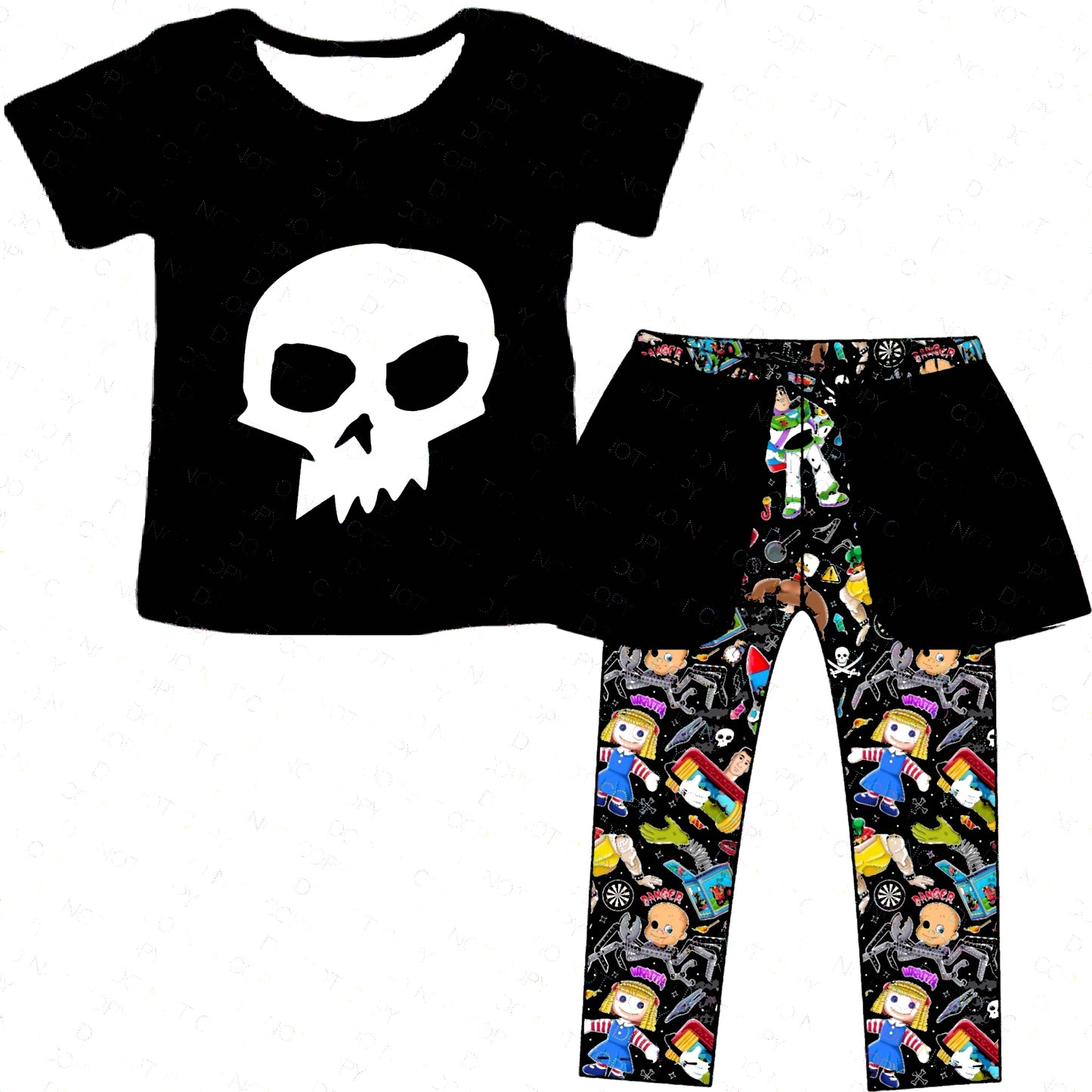 (Custom Design Preorder MOQ 5) Skull Top Cartoon Toys Pants Girls Halloween Clothes Set