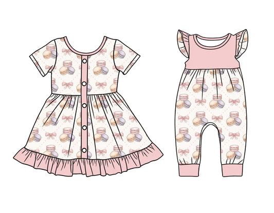 12.22 (Custom Design Preorder MOQ 5 Each Design) Macarons Bows Pink Print Girls Summer Matching Clothes Sisters Wear