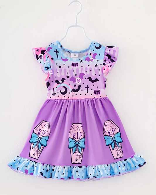 (Custom Design Preorder MOQ 5) Purple Print Girls Knee Length Halloween Dress