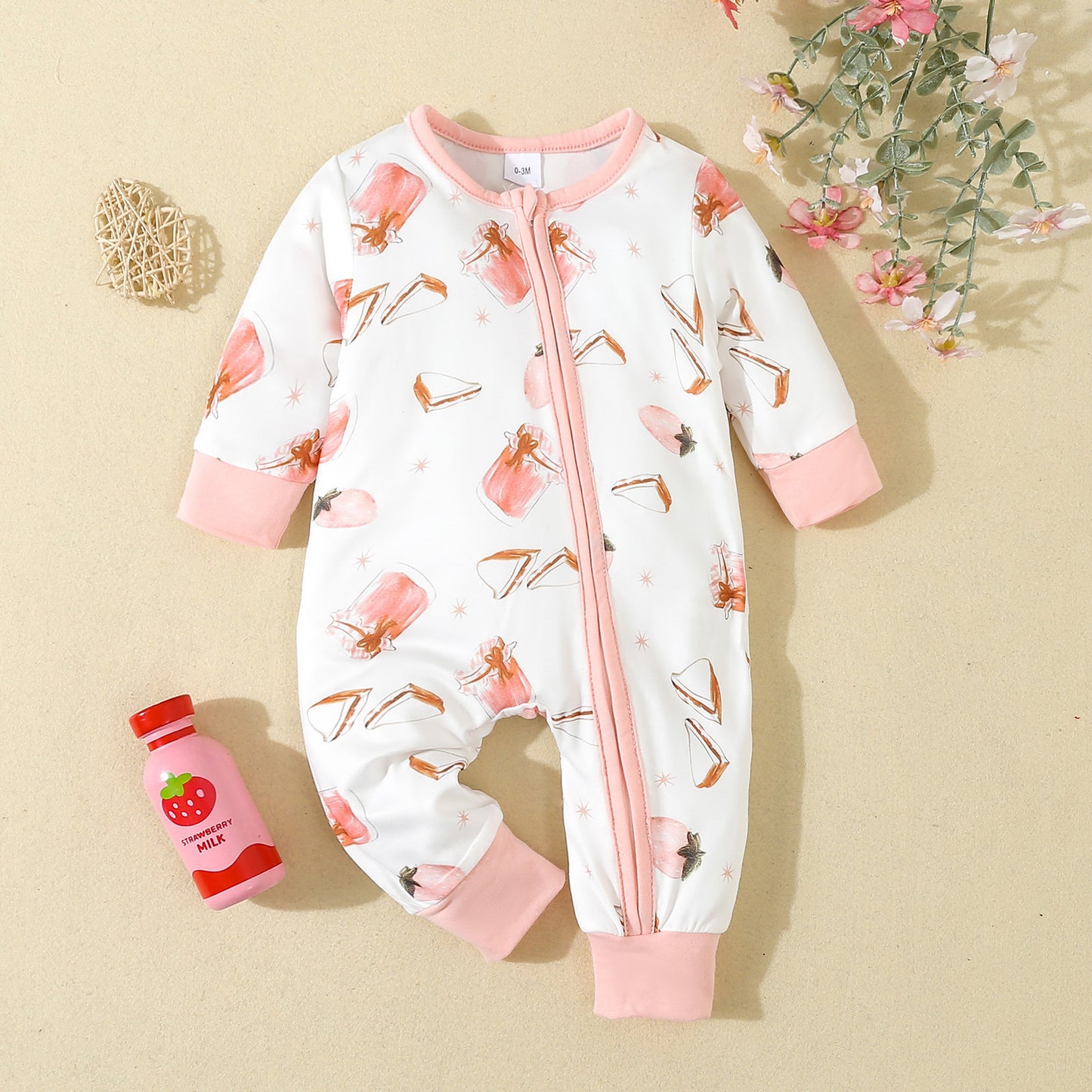 (Custom Design Preorder MOQ 5)  Pie Pink Print Baby Girls Bamboo Sleeper Zipper Romper