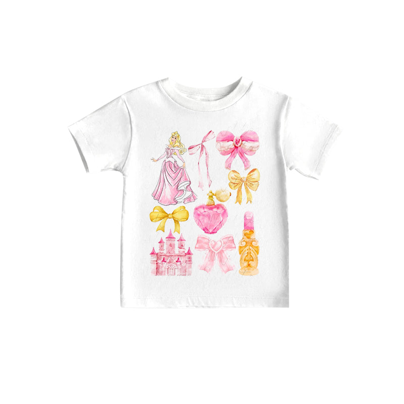 (Custom Design Preorder MOQ 5)NO.13  Cartoon Princess Bows Pink Print Girls Summer Tee Shirts Top