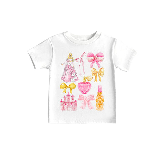 (Custom Design Preorder MOQ 5)NO.13  Cartoon Princess Bows Pink Print Girls Summer Tee Shirts Top