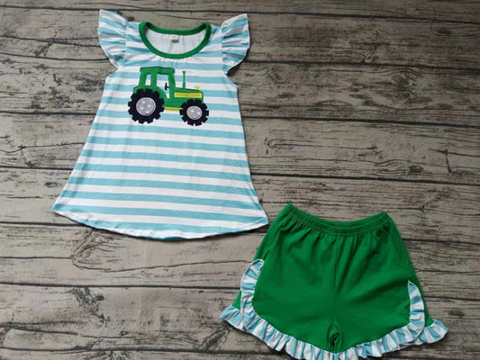 (Custom Design Preorder MOQ 5) Tractors Stripes Tunic Top Green Shorts Girls Summer Clothes Set