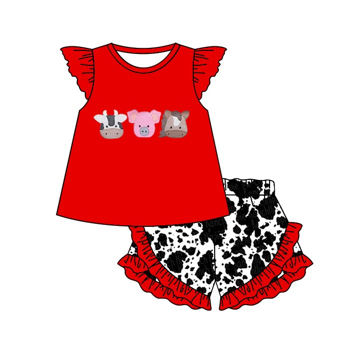 (Split Order Preorder) Deadline March.1 Cow Pig Horse Red Top Cowhide Shorts Girls Summer Clothes Set