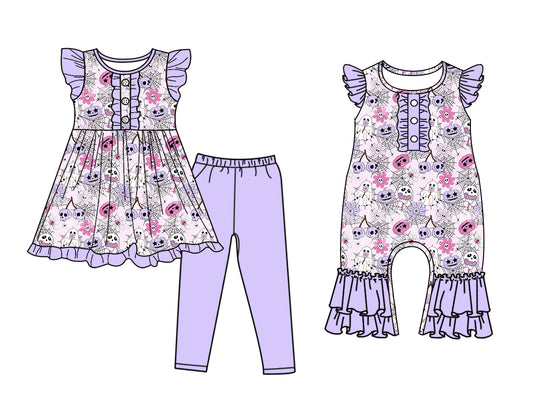 5.6(Custom Design Preorder MOQ 5 Each Design) Pumpkin Ghost Flowers Print Girls Halloween Matching Clothes Sisters Wear