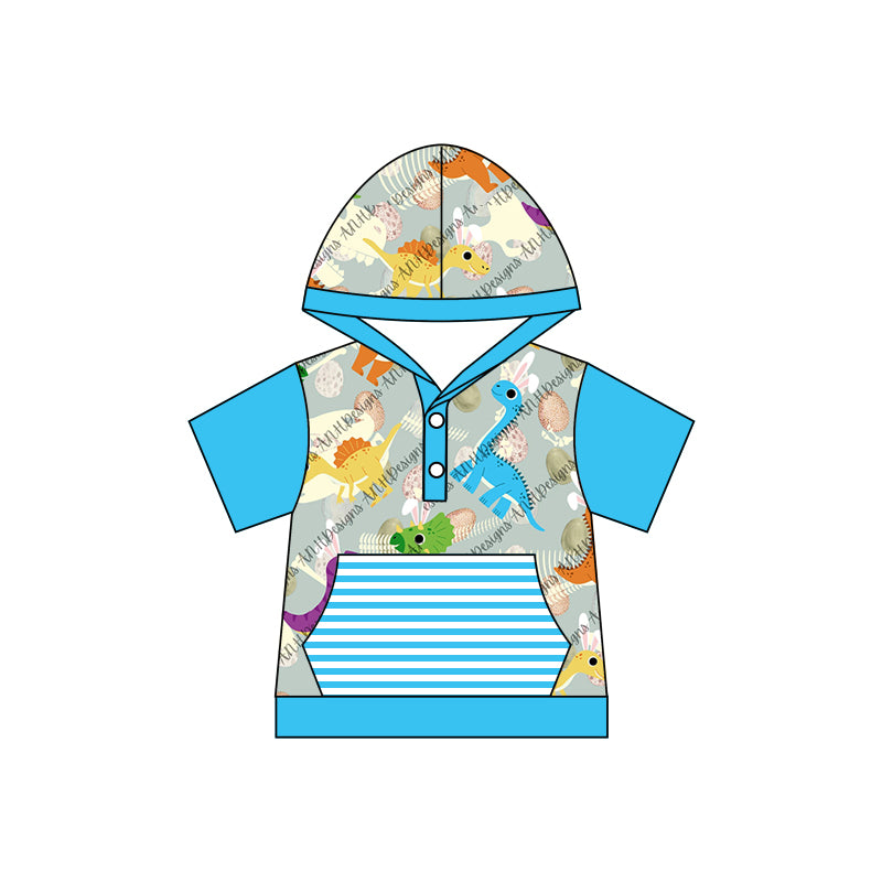 (Custom Design Preorder MOQ 5) Blue Short Sleeve Dino Boys Hoodie Tee Shirts Top