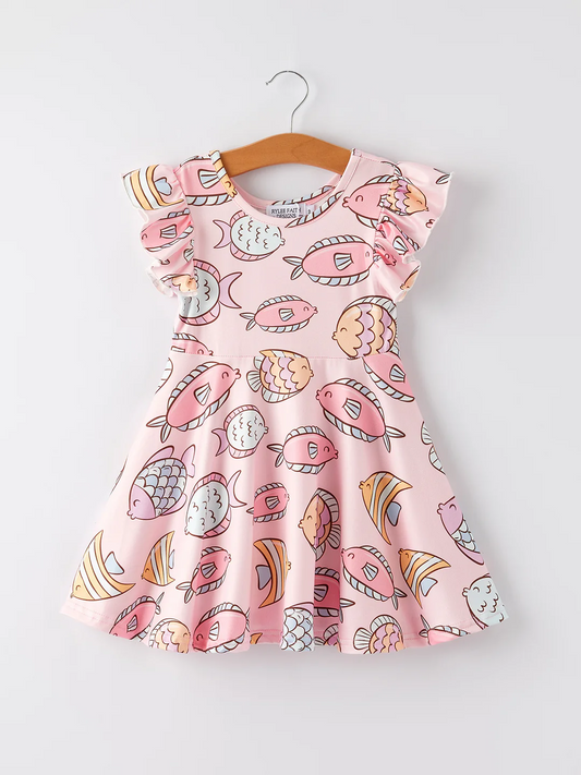 (Custom Design Preorder MOQ 5) Fish Pink Print Girls Summer Knee Length Dress