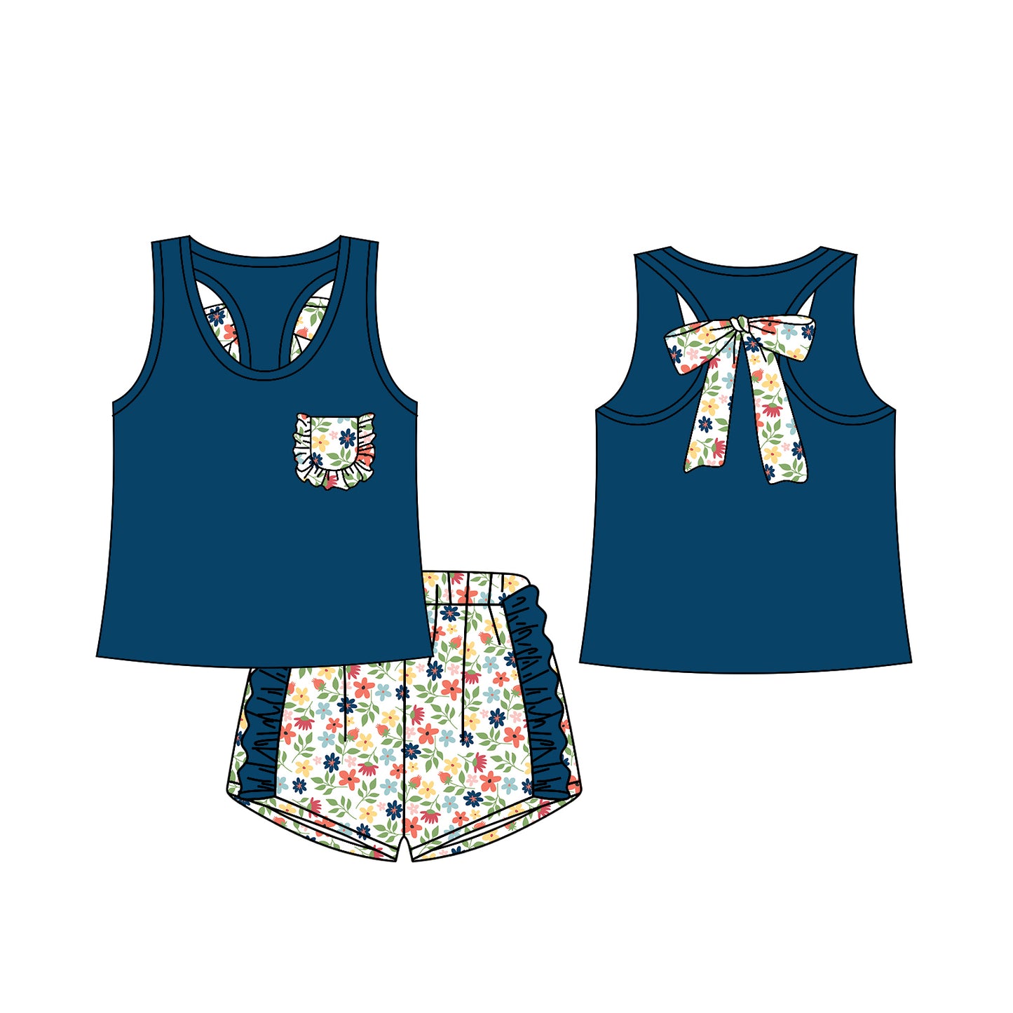 12.14(Custom Design Preorder MOQ 5) Navy Pocket Vest Top Flowers Shorts Girls Summer Clothes Set