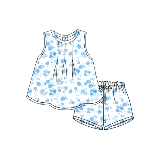 12.10(Custom Design Preorder MOQ 5) Blue Flowers Sleeveless Top Shorts Girls Summer Clothes Set
