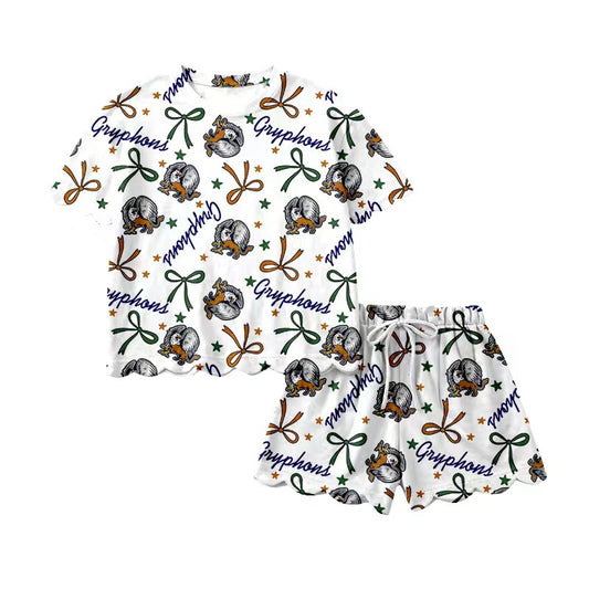 (Custom Design Preorder MOQ 5) Teams Gryphons Bows Print Girls Summer Clothes Set