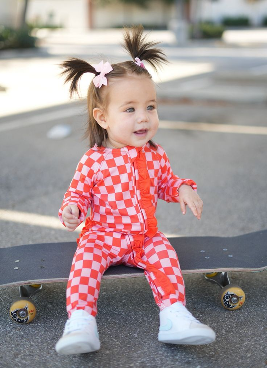 (Custom Design Preorder MOQ 5) Red Plaid Print Baby Girls Zipper Sleeper Romper