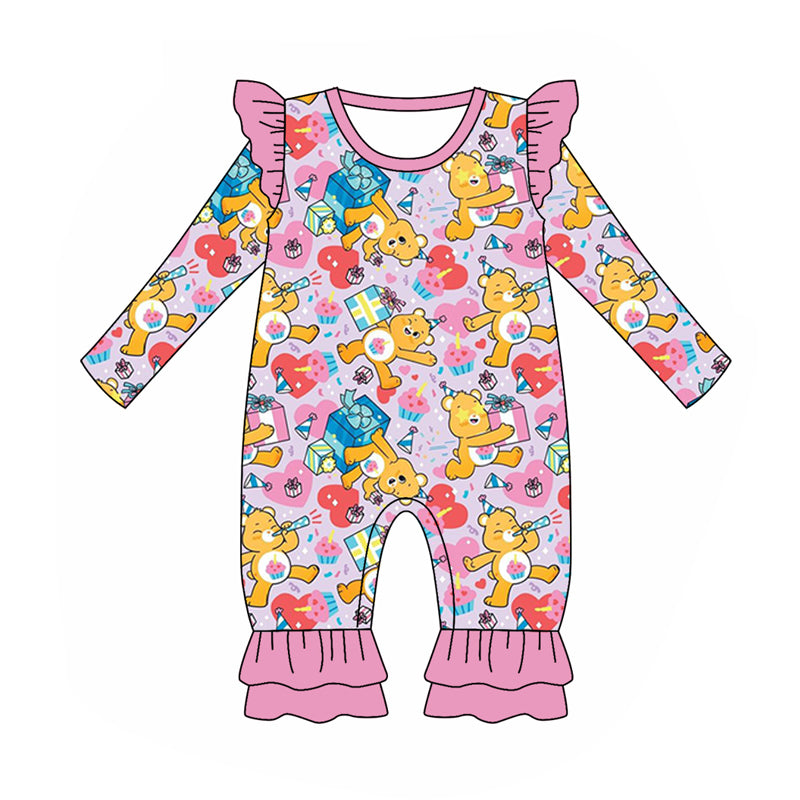 (Custom Design Preorder MOQ 5) Cartoon Bear Happy Birthday Print Baby Girls Fall Romper