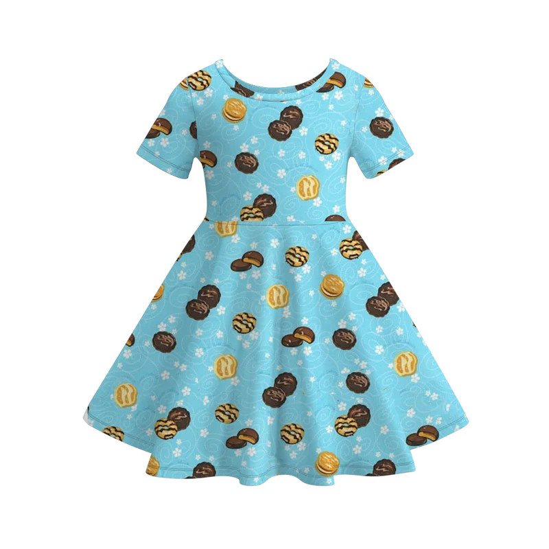 (Custom Design Preorder MOQ 5) Cookies Blue Print Girls Knee Length Summer Dress