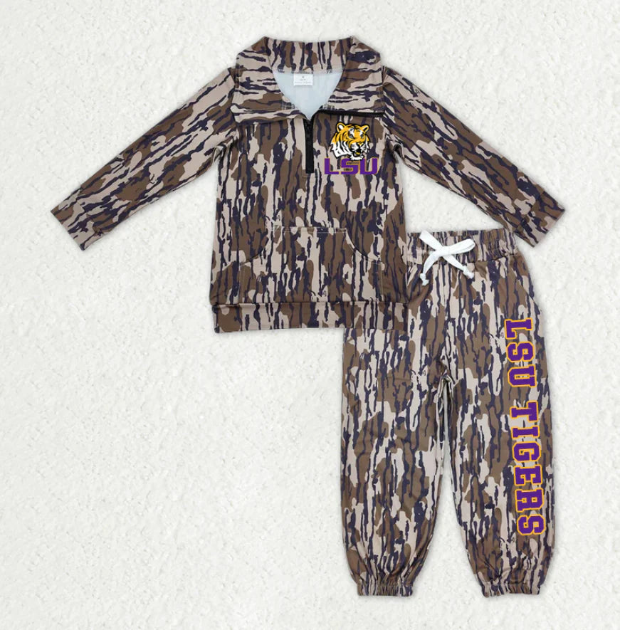 (Custom Design Preorder MOQ 5) Team's LSU Tigers Camo Print Zipper Pullover Top Pockets Pants Kids Fall Clothes Set