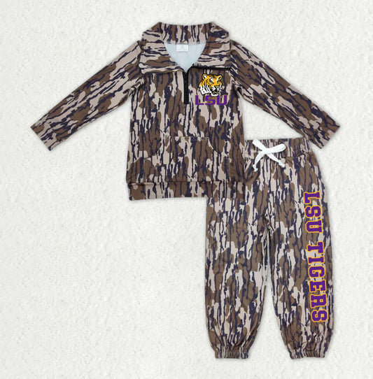 (Custom Design Preorder MOQ 5) Team's LSU Tigers Camo Print Zipper Pullover Top Pockets Pants Kids Fall Clothes Set