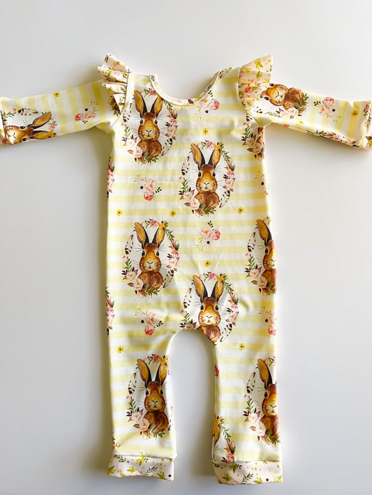 (Custom Design Preorder MOQ 5) Flowers Bunny Print Baby Girls Easter Romper