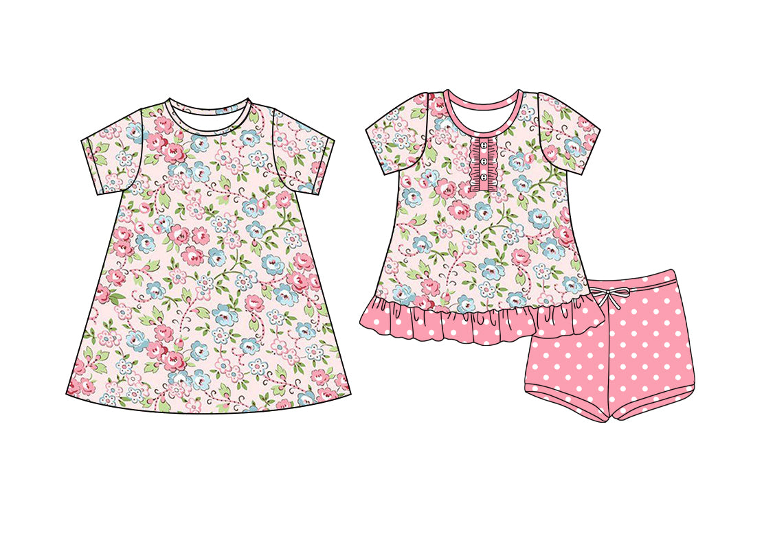 4.14(Custom Design Preorder MOQ 5 Each Design) Flowers Pink Print Girls Summer Matching Clothes Sisters Wear