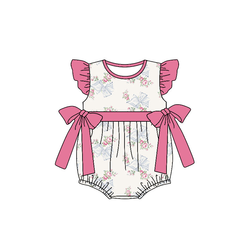 (Custom Design Preorder MOQ 5) Flowers Bows Print Baby Girls Summer Romper