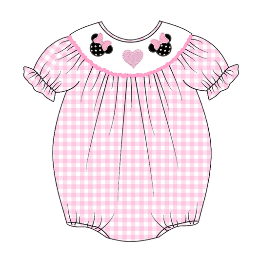 (Custom Design Preorder MOQ 5) Cartoon Mouse Pink Plaid Print Baby Girls Summer Romper