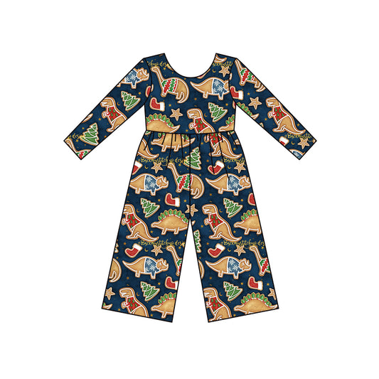 (Custom Design MOQ 5) Dino Cookie Print Girls Christmas Jumpsuits