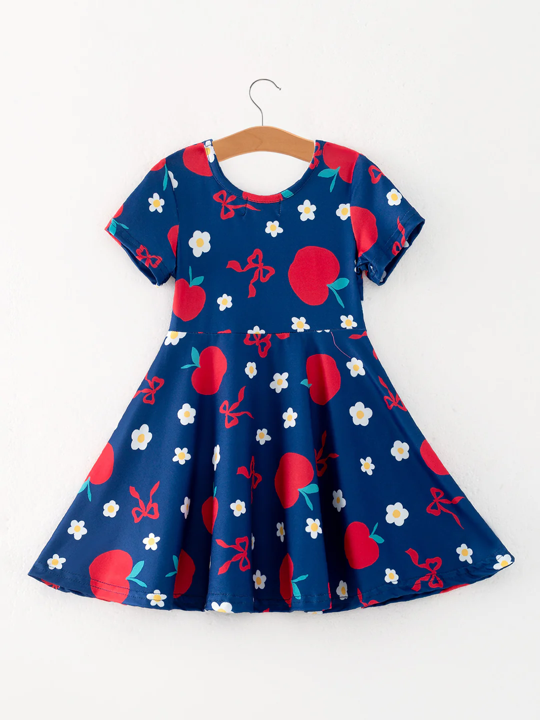 (Custom Design Preorder MOQ 5) Apple Bows Navy Print Girls Back to School Knee Length Dress
