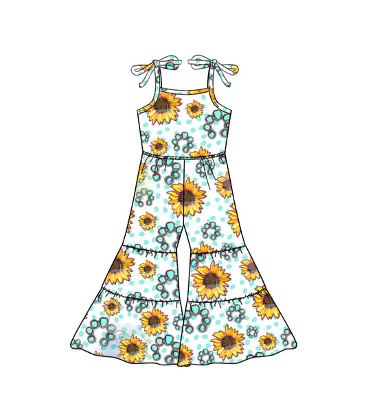 (Custom Design Preorder MOQ 5) Turquoise Sunflowers Print Girls Jumpsuit